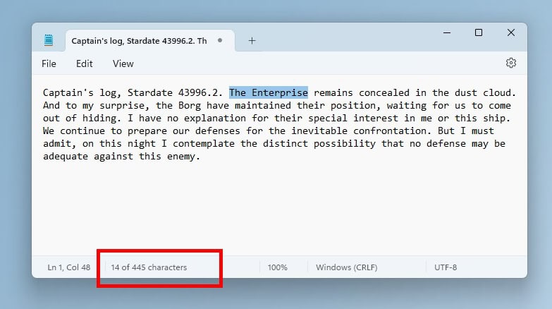 Windows 11 notepad-character-count
