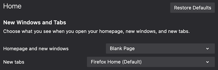 Setting a blank home page in Firefox.