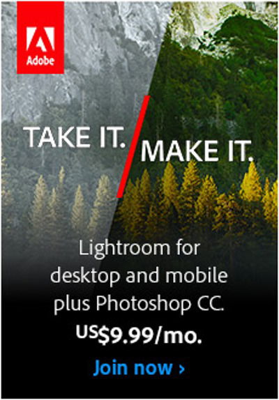 Get access to Photoshop CC and Lightroom CC for $9.99/month.
