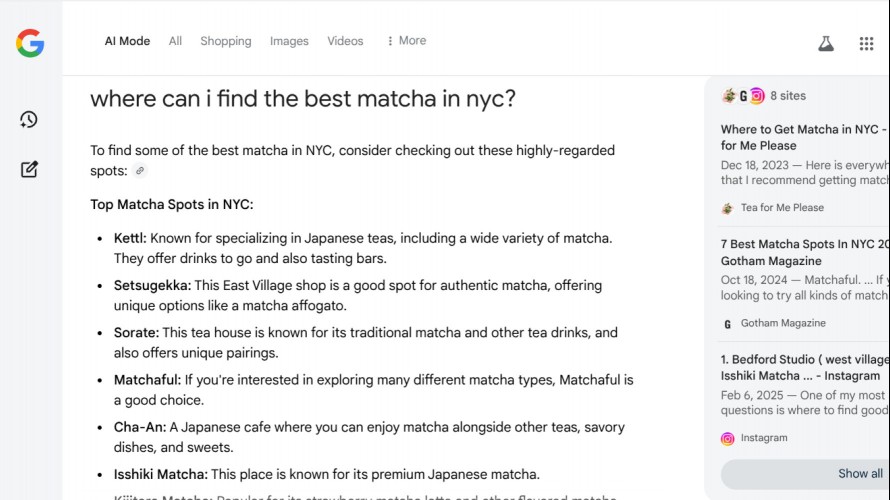 AI mode results for “Where can I find the best matcha in NYC?”