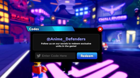 Anime Defenders code redemption screen.