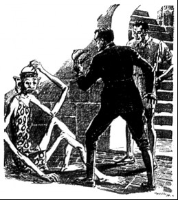 Two men in a cellar look at a gangly-limbed being sitting on the ground.