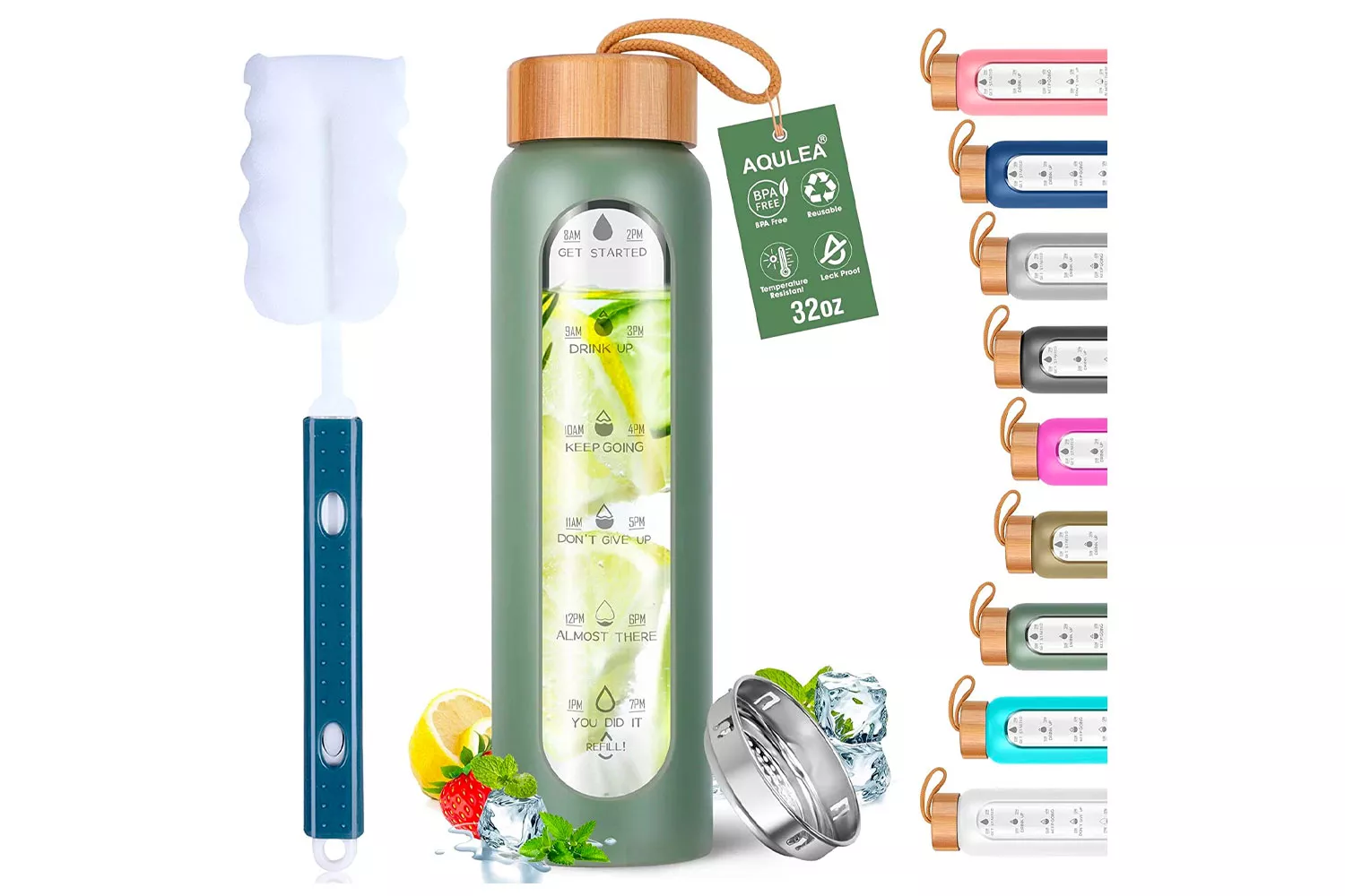 Aqulea 32 Oz Borosilicate Glass Water Bottle with Times to Drink  BPA Free - Reusable Wide Mouth Glass Motivational Water Bottles with Infuser &amp;...