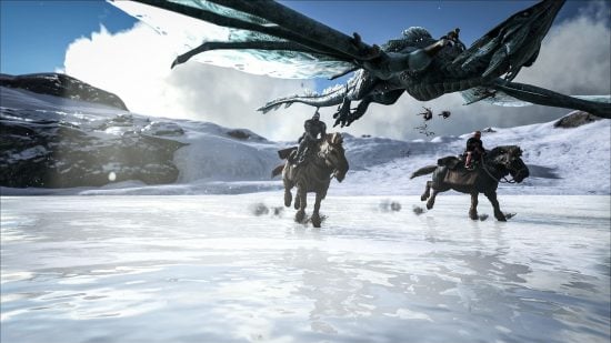 A dinosaur flies over two people on horseback in the Ark server