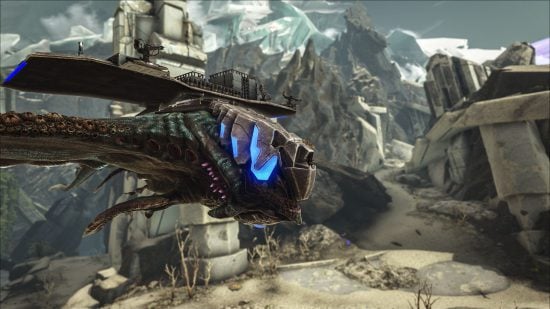 Ark Server: A dinosaur hangs on a cliff, glowing with an ethereal blue light