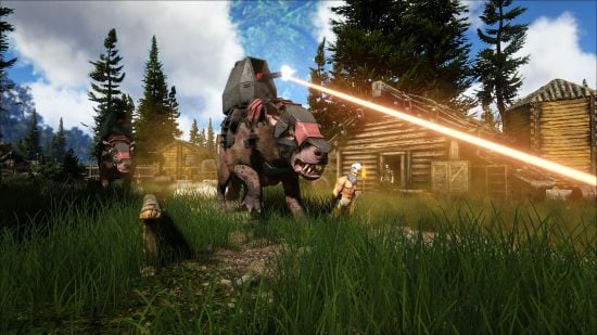 Ark Servers: Orange laser beams fired at targets on the grass