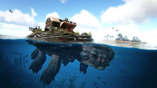 Ark Server: Entire habitat built on the back of a swimming turtle dinosaur