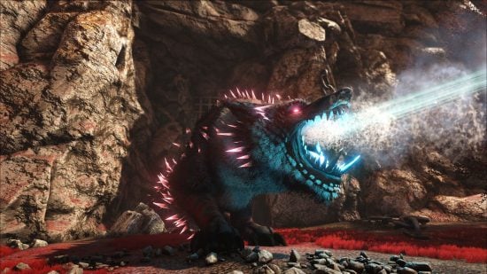 Ark Server: A blue and purple dinosaur shoots bright lasers from its mouth