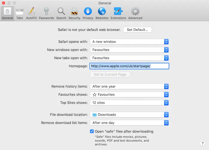 Safari's security and privacy settings.