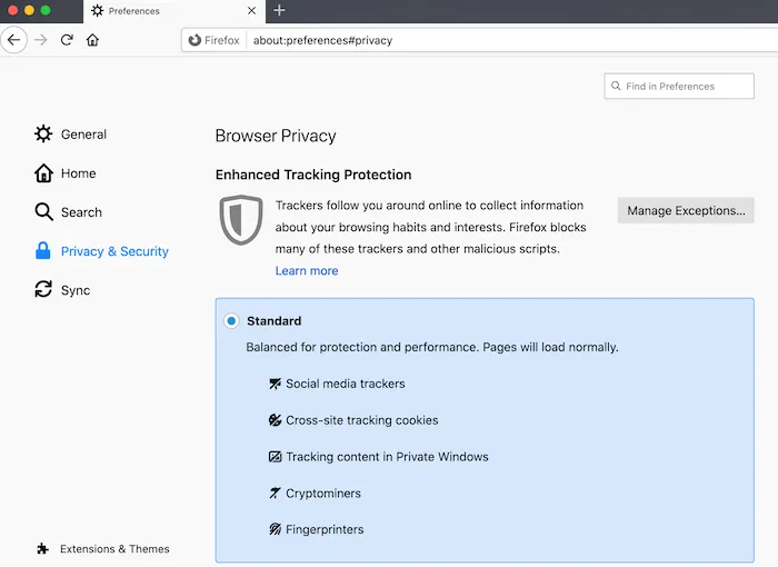 Mozilla Firefox's privacy and security settings.