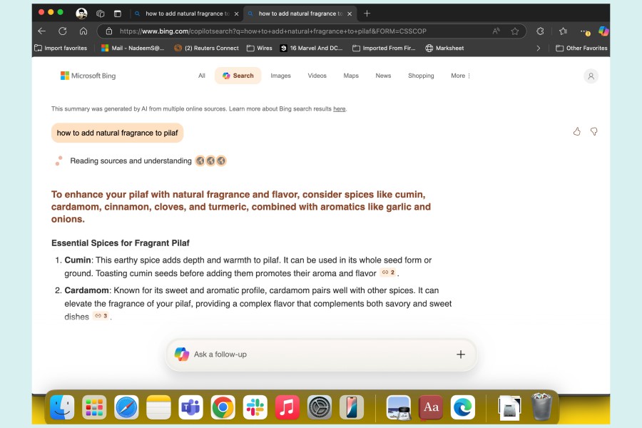 Results from Copilot Search in bing.