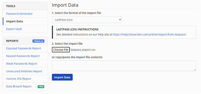 Bitwarden Import Data Choose File