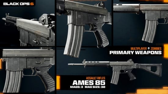 Photos of the AMES 85, one of the best weapons in Black Ops 6, taken from different angles.