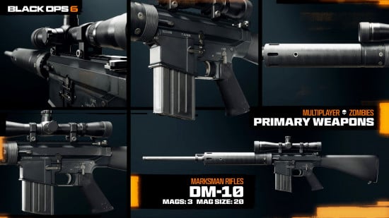 Photos of the DM-10 (one of the best weapons in Black Ops 6) taken from different angles.