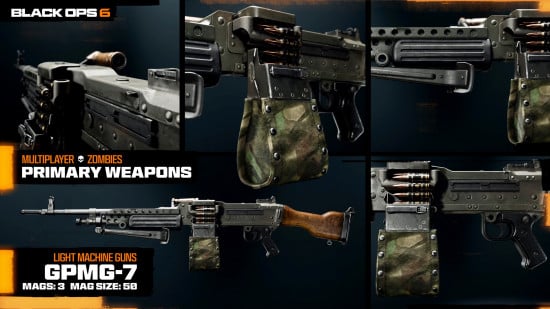 Photos of the GPMG-7, one of the best weapons in Black Ops 6, taken from different angles.