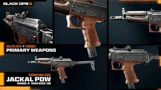 Photos of the Jackal PDW, one of the best weapons in Black Ops 6, taken from different angles.