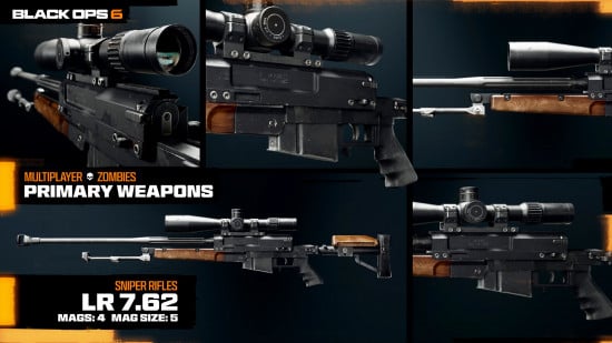 Photos of the LR 7.62, one of the best weapons in Black Ops 6, taken from different angles.