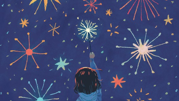 An illustration of a young girl holding a sparkler up into the sky as fireworks burst all around her.