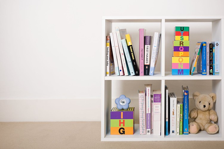Book shelves with books and toys