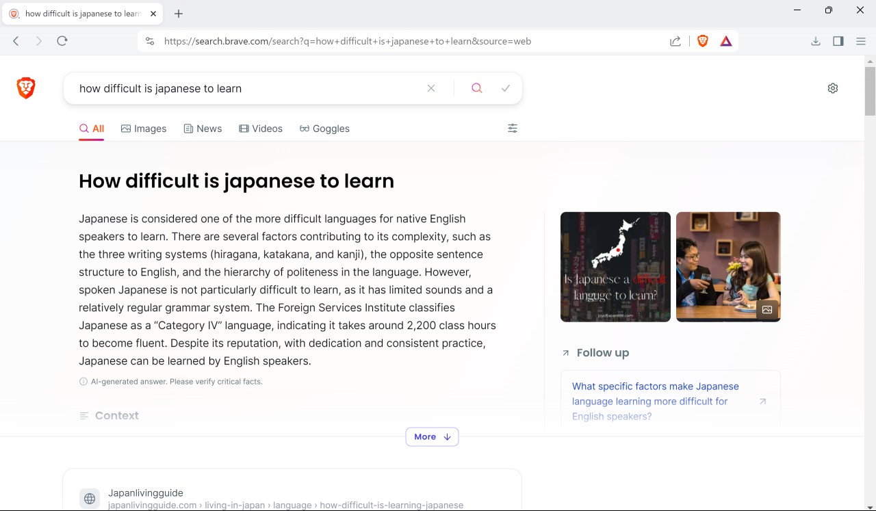 Brave Search: Answer with AI takes over, but you can turn it off