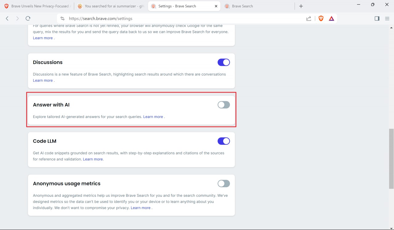 Brave Search disable Answer with AI