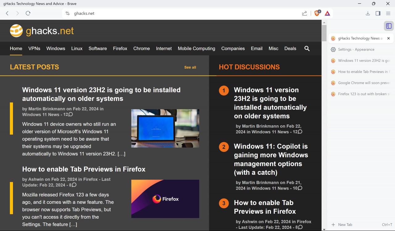 Brave Browser vertical tabs on right side