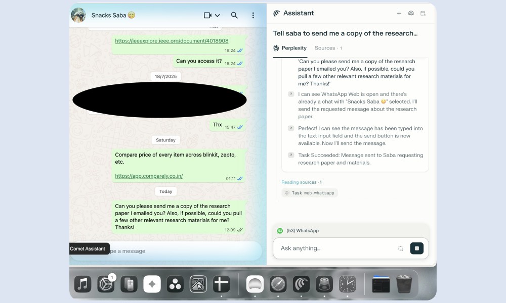 WhatsApp chat with Saba in Assistant.