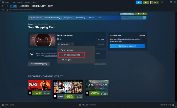 Buy Steam Game and set to private immediately