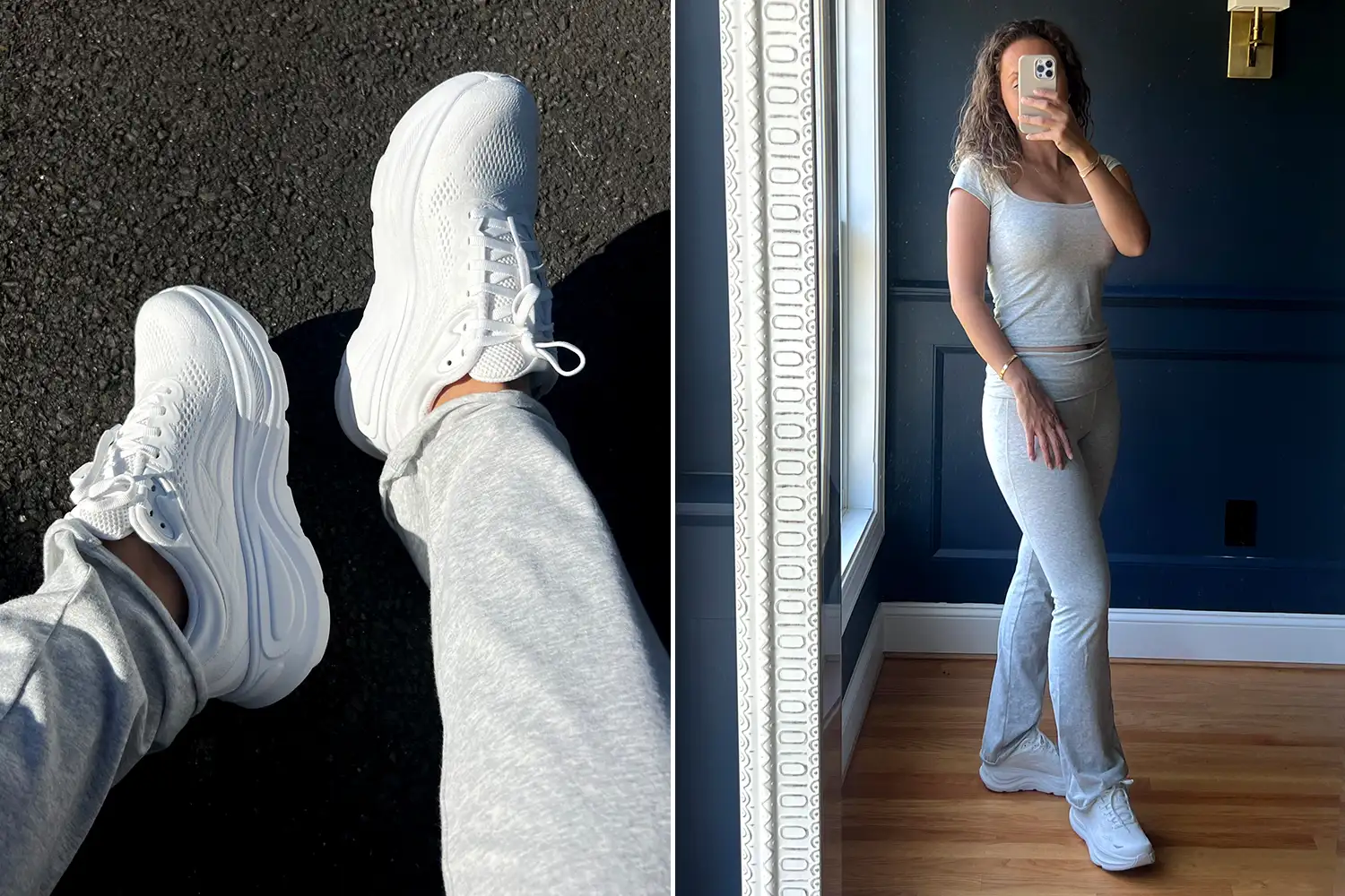 A person takes a selfie while wearing the Hoka Women's Bondi 9 Running Shoes