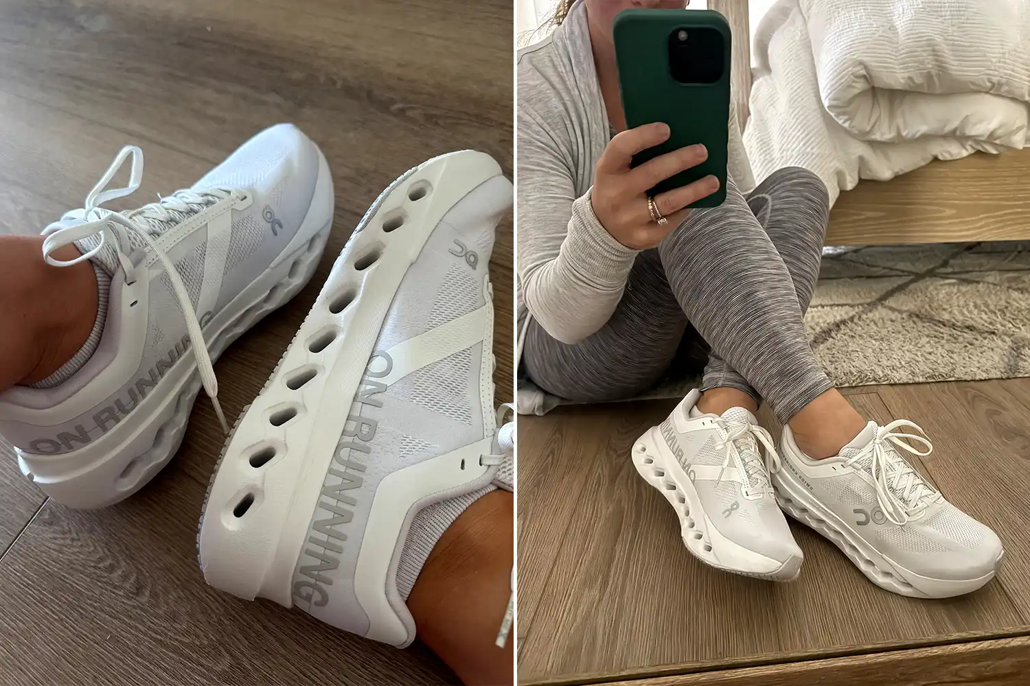 A person takes a selfie while wearing the On Running Women's Cloudsurfer Next Wide Running Shoes