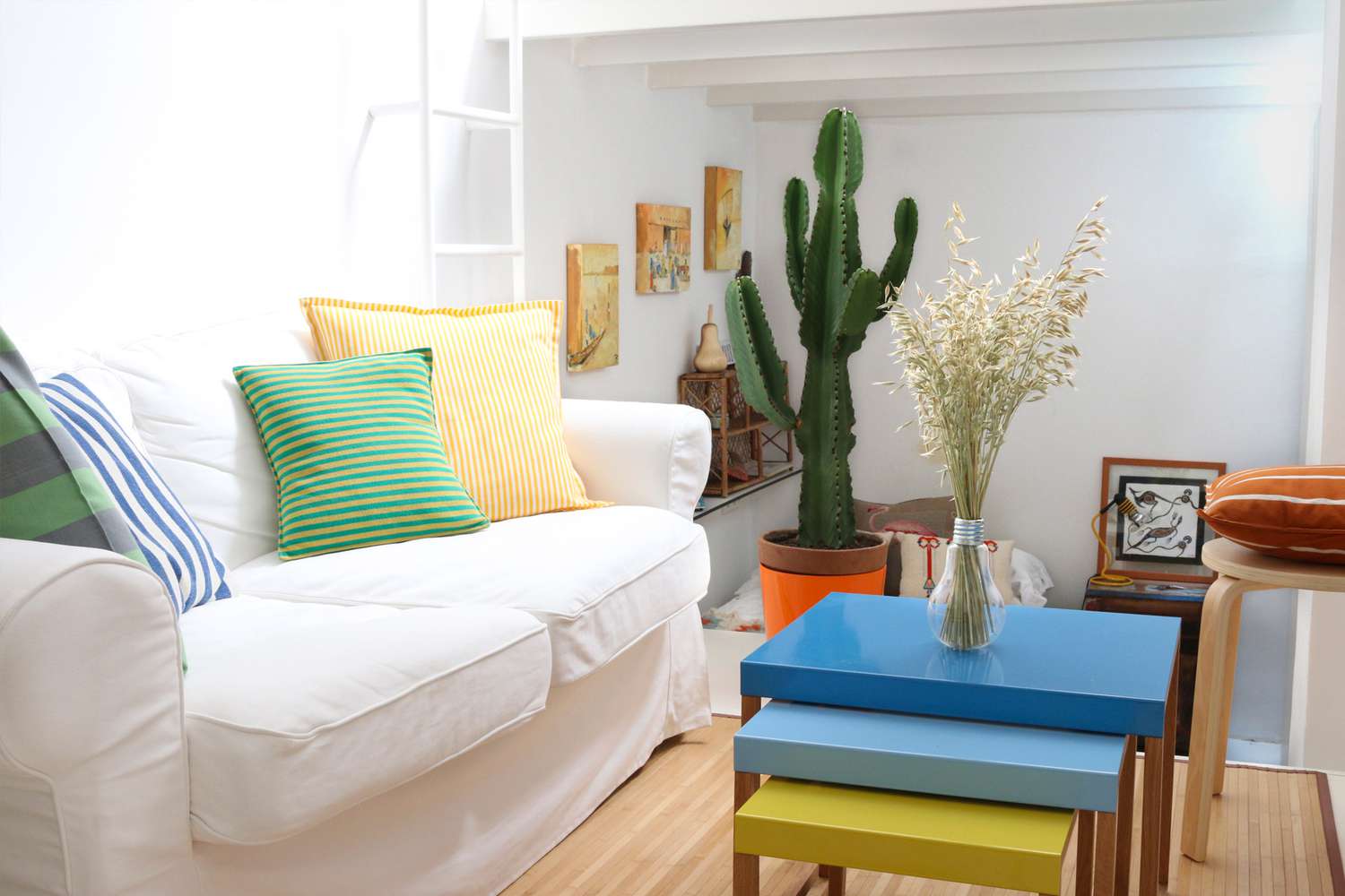 super tiny living room plush sofa and color accents