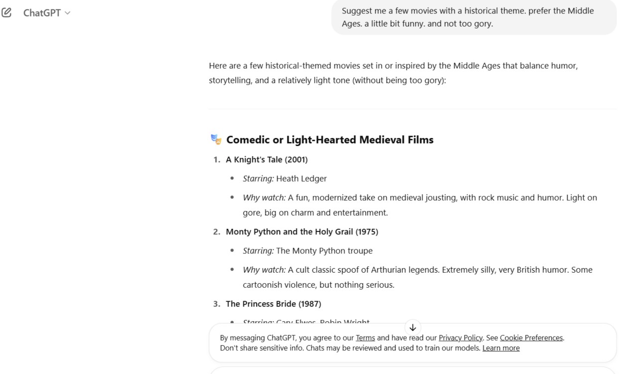Asking ChatGPT for film recommendations.