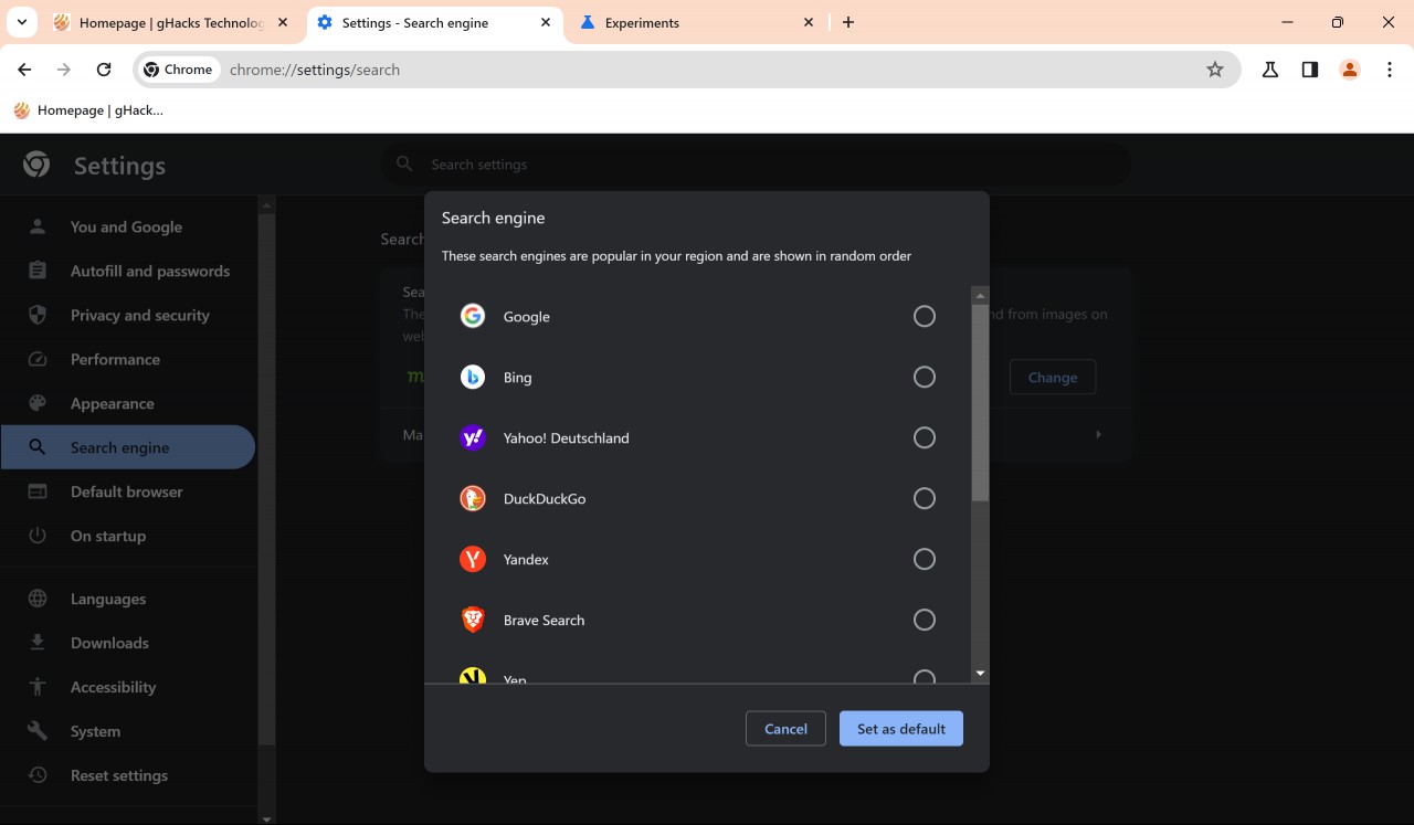 Chrome Search Settings