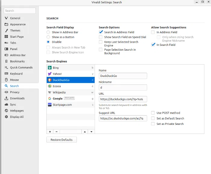 Chrome To Vivaldi Search Engine