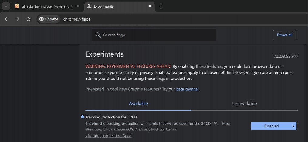 Chrome Tracking Protection flag
