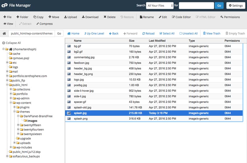 Using CPanel's 'File Manager' to rename the old header image file and replace it with a new one.