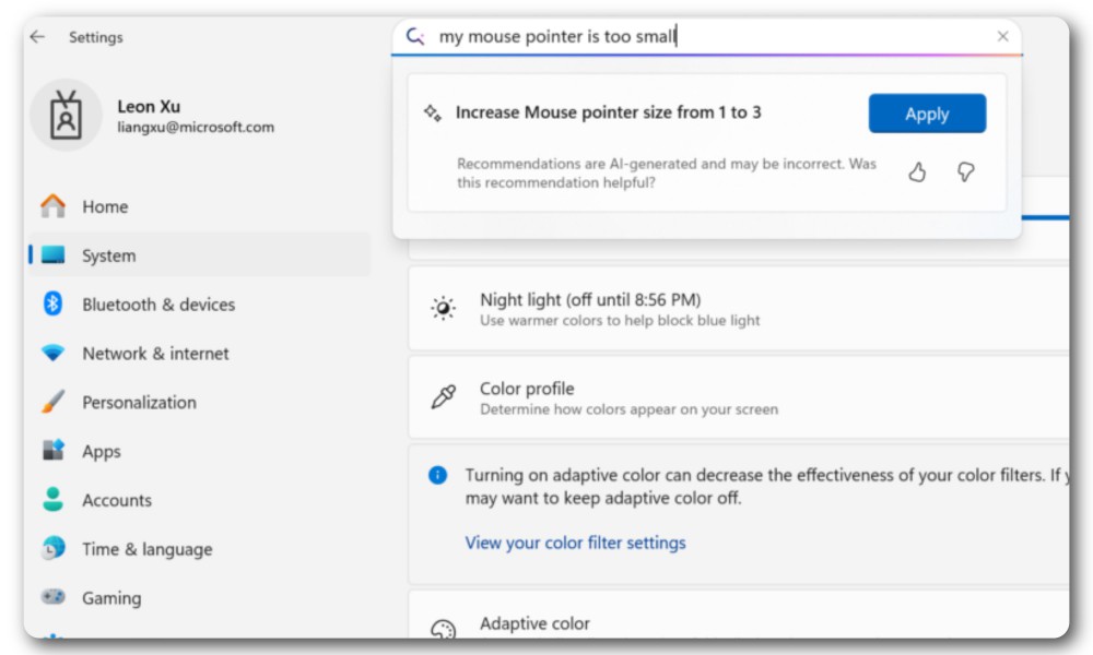 Natural language search in Windows 11 settings.