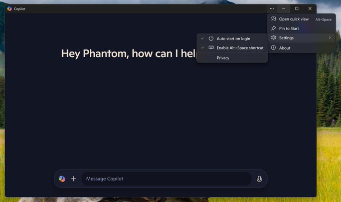 Copilot App on Windows set to autostart on System log in
