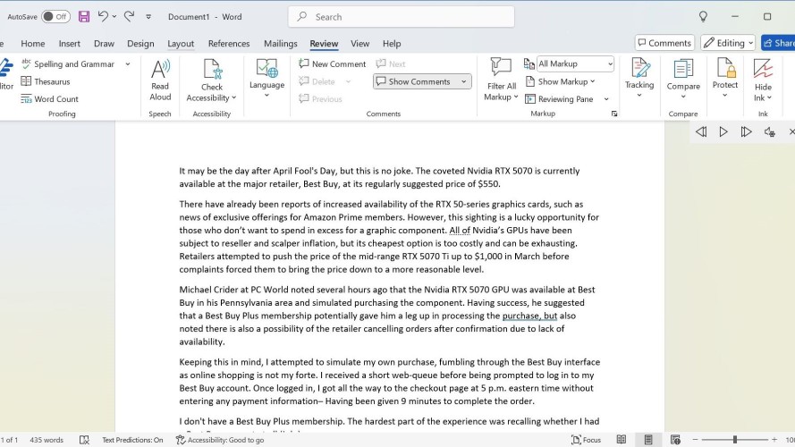 Review section of Microsoft Word showing Read Aloud function.