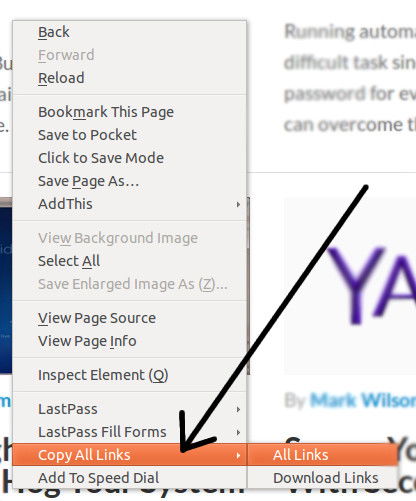 Copy all the links on a web page via right-click on Firefox. Copy all the links on a web page via right-click on Firefox.