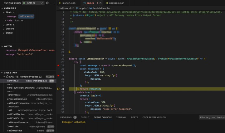 successfully attaching VS Code debugger to the the TypeScript source code