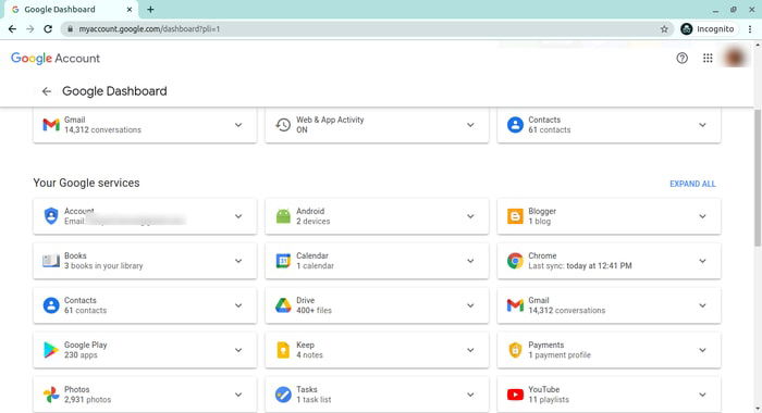 Delete Personal Data Google Dashboard