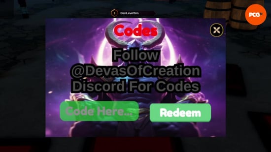 Menu for redeeming Devas of Creation codes