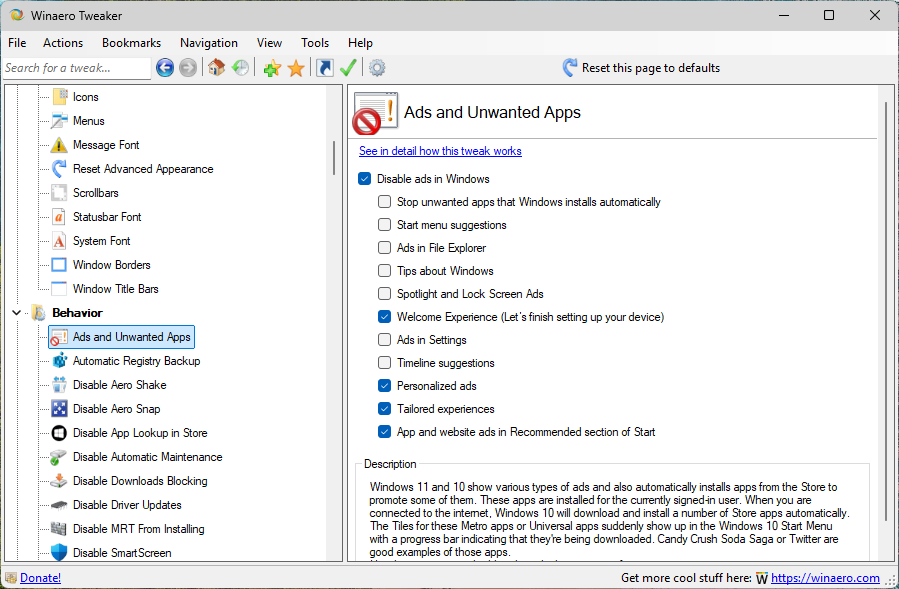 Disable Ads in Windows 11 using Winaero Tweaker