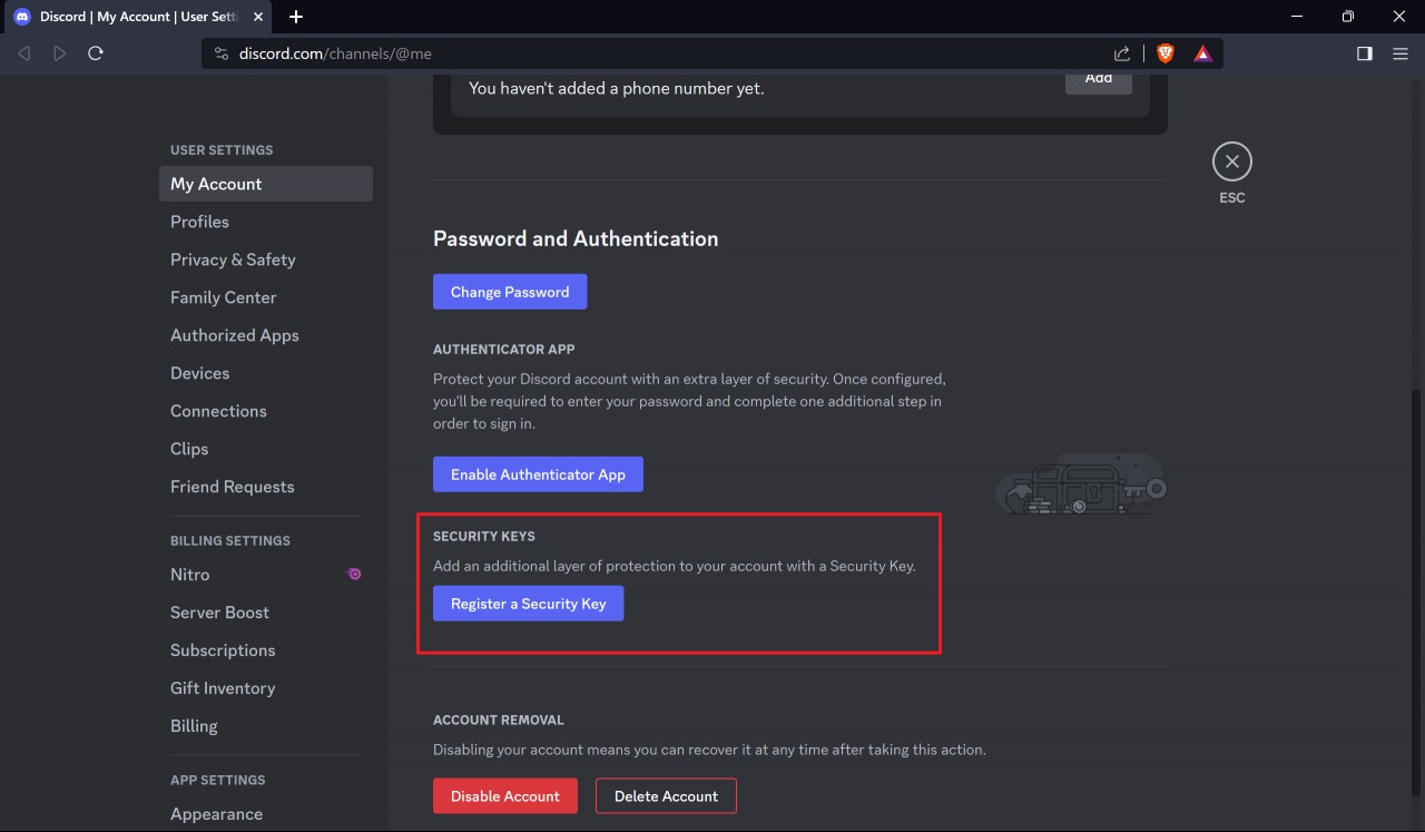 Discord Register a security key