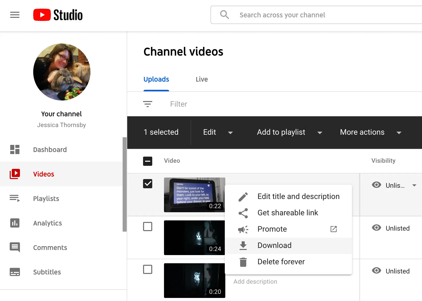 Downloading a YouTube video via YouTube Studio. Downloading a YouTube video via YouTube Studio.