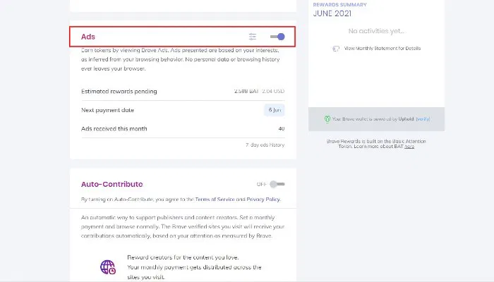 Earn Crypto Reward Settings
