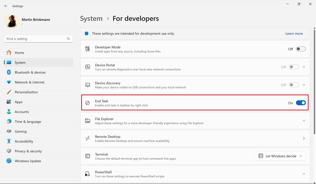 End Task option on Windows 11's taskbar
