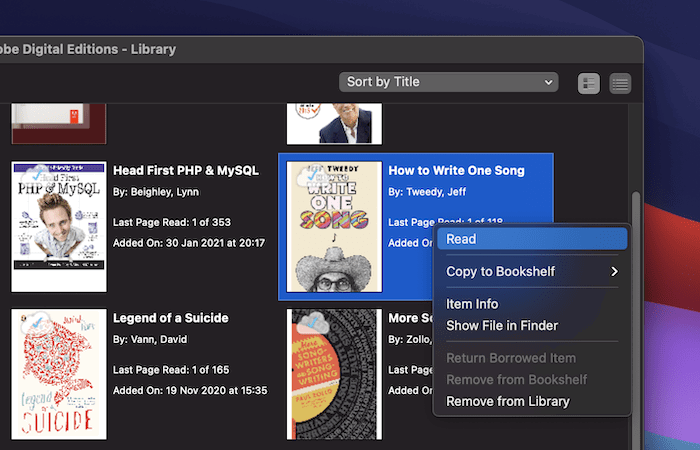 Choosing a read a book in the Adobe Digital Editions app.