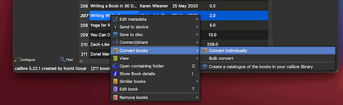 The Calibre right-click context menu.